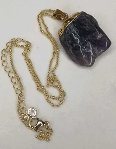 Authentic Amethyst Pendant Gold Plated Healing Crystal Natural Purple Necklace 13 Grams