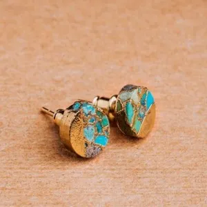 Authentic Turquoise Gold Plated Women Healing Reiki Dainty Oval Stud Earrings