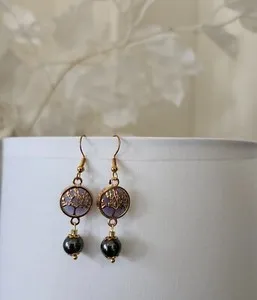 Authentic Purple Gold Plated Tree Of Life Hematite Stone Earrings Healing Crystal Handmade