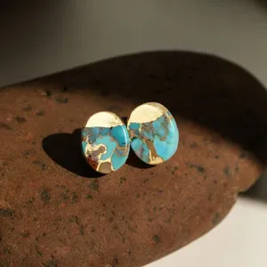 Authentic Genuine Turquoise Dainty Oval Stud Earrings Gold Plated Women Healing Jewelry