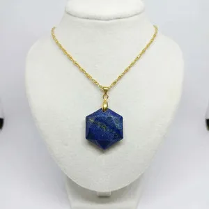 Authentic Lapis Lazuli Pendant Hexagon 45-50Ct | Gold-Plated Healing Stone Necklace