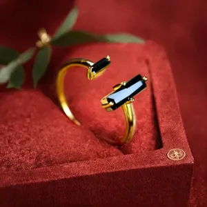 Authentic Dainty Retro Black Onyx 18k Gold Plated Healing Stone Adjustable Open Women Ring