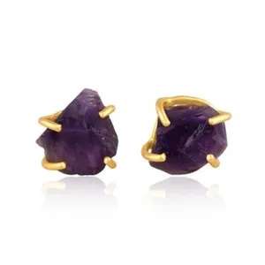 Authentic Radiant Purple Ray Amethyst Solitary Studs in Warm Gold