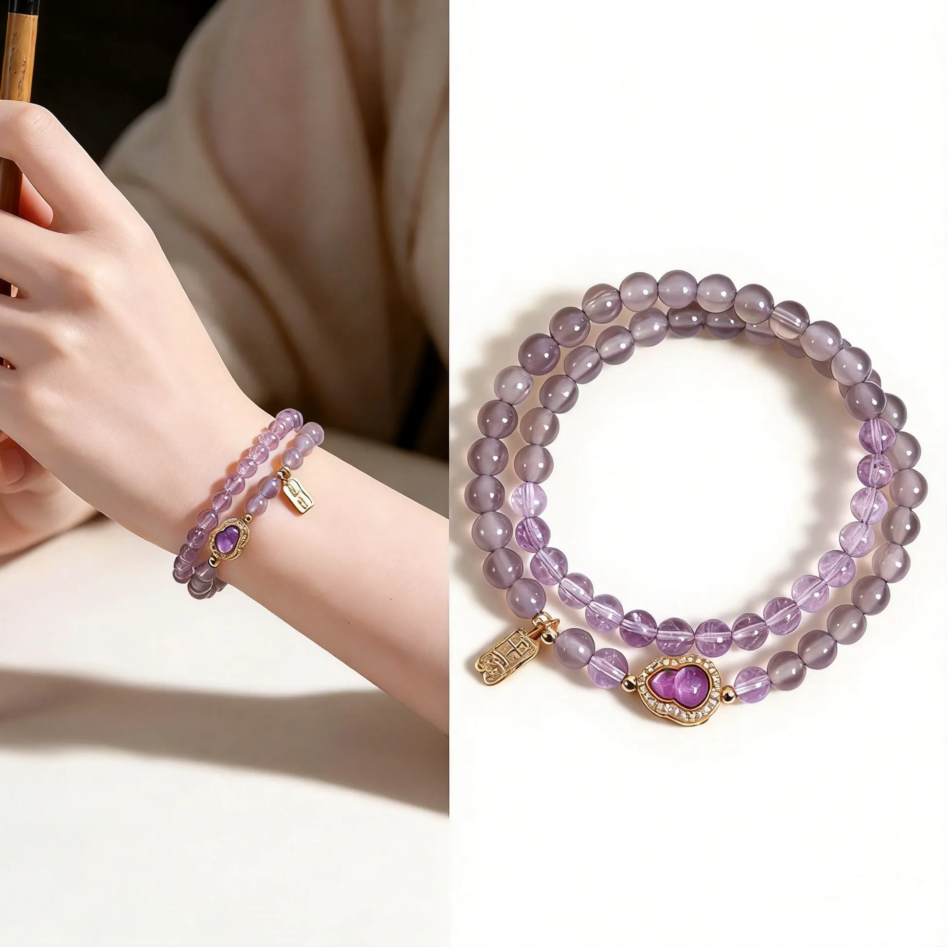 Authentic Fortune's Blessing: Lucky Gourd Charm of Gray Agate and Amethyst