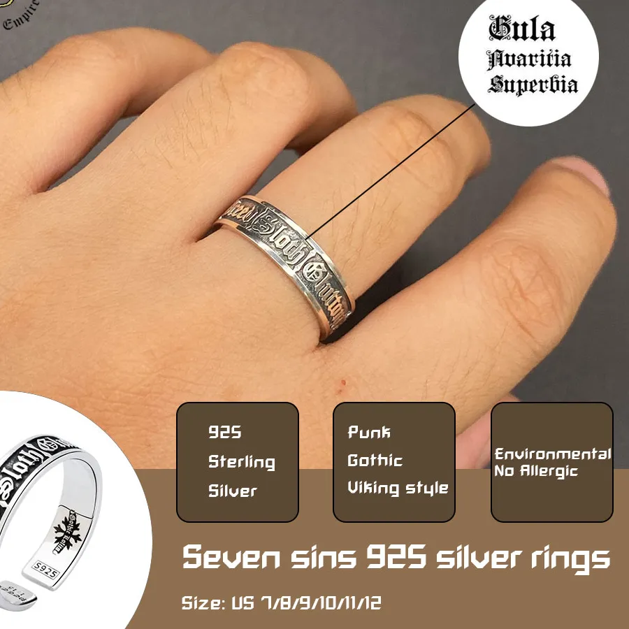 Authentic S925 Sterling Silver Seven Deadly Sins Ring Adjustable Open Band Gothic Vintage Religious Dark Aesthetic Jewelry for Men & Women