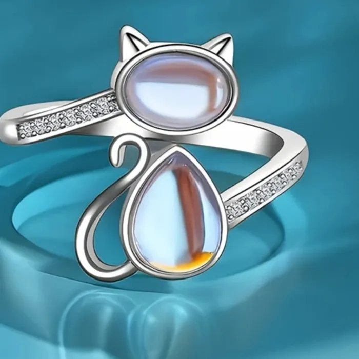 Authentic Huitan Active Cat Design Opening Rings with Imitation Opal Lovely Modern Stylish Party Jewelry Sweet Women Finger Accessories