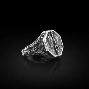 Authentic Bastet Egyptian Goddess Signet Silver Men Ring, Hieroglyphics Cat Ring