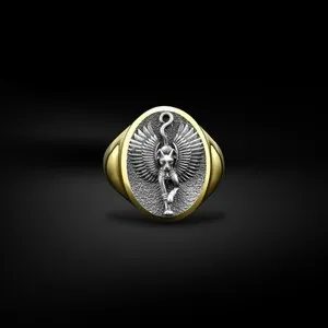 Authentic Winged Bastet Ring in Polished Silver for Men, The Egyptian Goddess Oval Silver