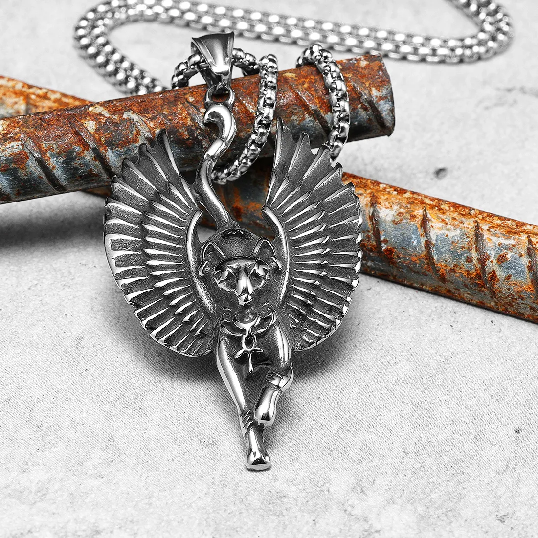 Authentic Vintage Egyptian Pendant Bastet Cat Goddess Male Necklace Ankh Wing Amulet Punk Jewelry Accessories for Him