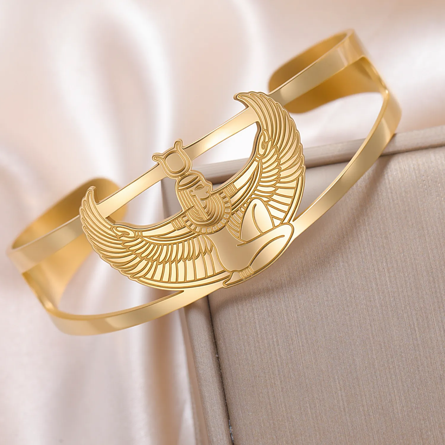 Authentic VASSAGO Egyptian Goddess Bracelet for Women Men Winged Goddess Isis Cuff Bangle Bracelet Ancient Egypt Jewelry