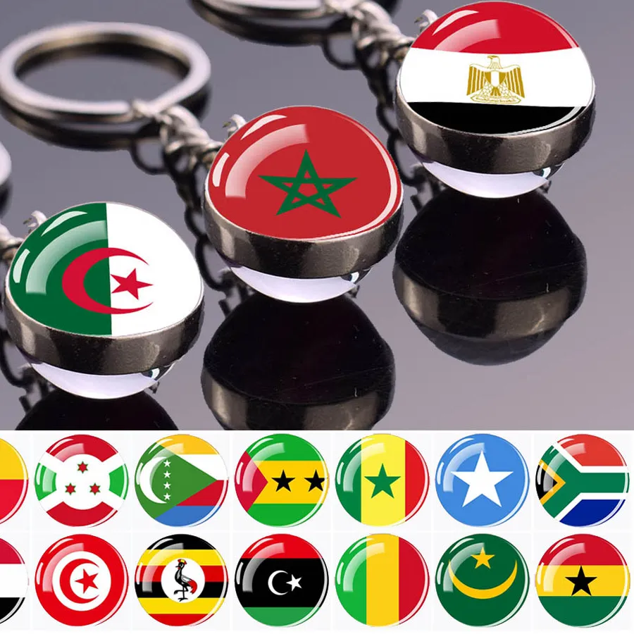 Authentic Africa Flag Keychains Algeria Somalia Tunisia Morocco Egypt National Flag Key Chains Double Side Glass Ball Pendant Keyring