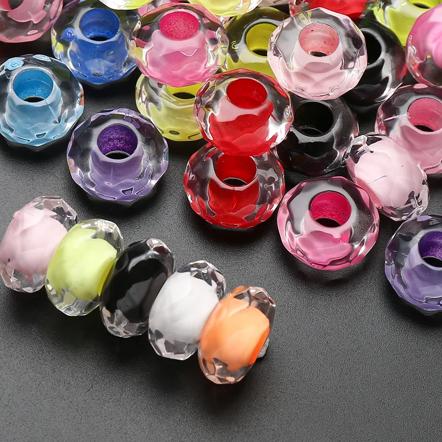 Authentic 100pcs Mixed Color Transparent Acrylic Beads Faceted Large Hole Spacer Beads for DIY Jewelry Making Bracelet Accessories