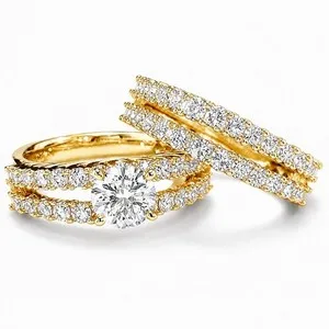 Authentic 14k Gold-Plated CZ Double Row Stackable Wedding Engagement Ring 2-piece Set