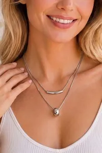 Authentic 18K White Gold Plated Double Layer Ring Tube Pendant Necklace