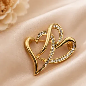 Authentic 2.00Ct Round Simulated Diamond Double Heart Brooch Pin – 14K Yellow Gold Plated