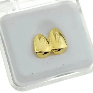 Authentic Double Cap 14k Gold Plated Grillz Canine Plain Two Teeth Right Single Caps Grill