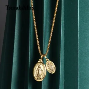 Authentic Gold Plated Double Virgin Mary Pendants Necklace (2 charms)18"