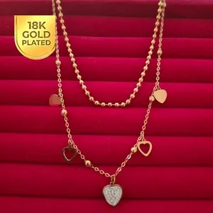 Authentic 18K Gold Plated Double Layered Heart & Round Beaded Necklace - JEWELRY B003