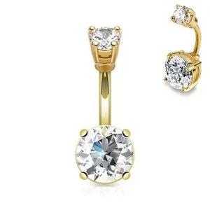 Authentic 14K Gold Plated 9mm CZ Set Double Gem Internal Threaded Navel Belly Button Ring