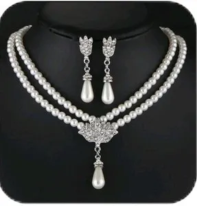 Authentic Bridal White Gold Plated Double Layered Pearl Necklace & Earing Set Wedding