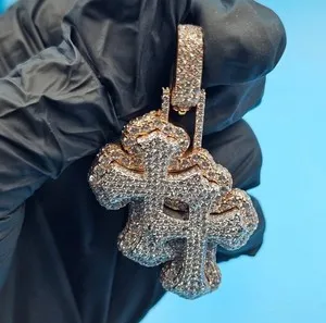 Authentic 4Ct Round Cut Passes Tester Moissanite Double Cross Pendant Two Tone Gold Plated