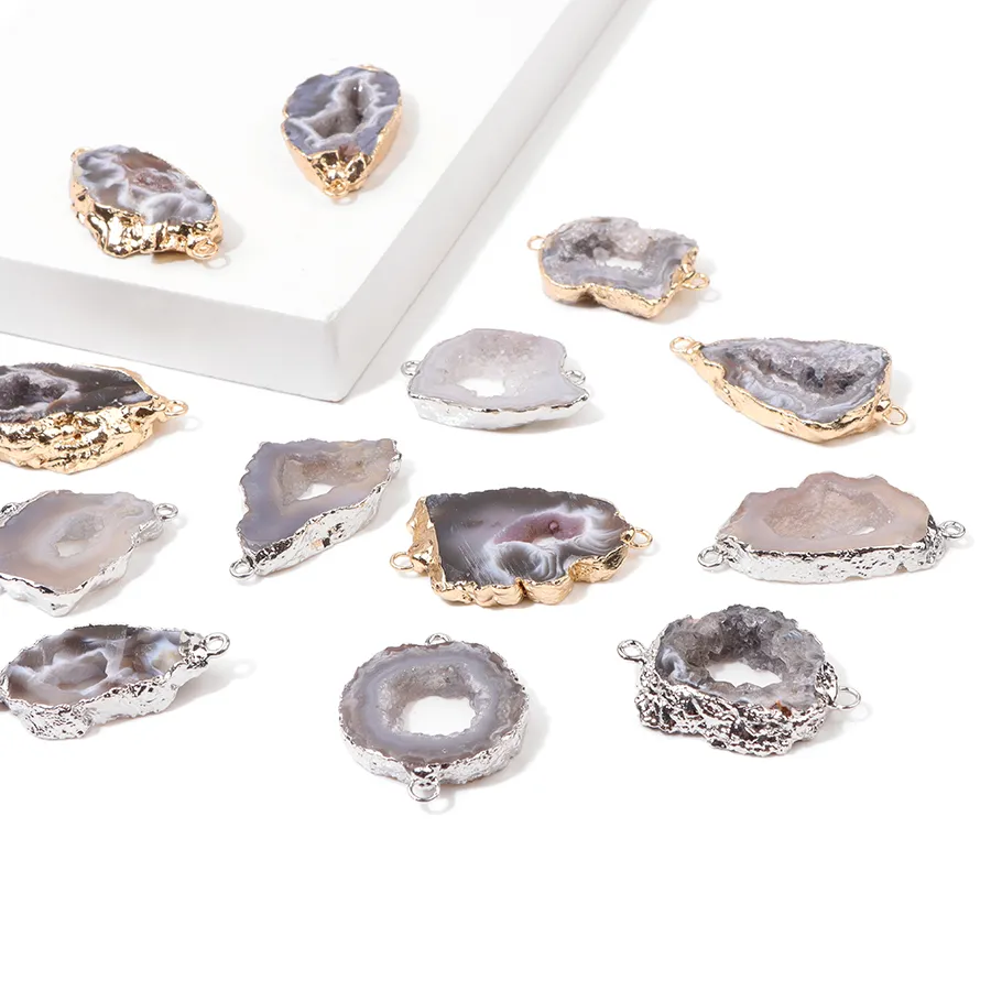 Authentic 2Pcs/Lot Natural Flat Druzy Agates Pendants Irregular Double Holes Connector Charms Pendant for DIY Bracelet Necklaces Earrings