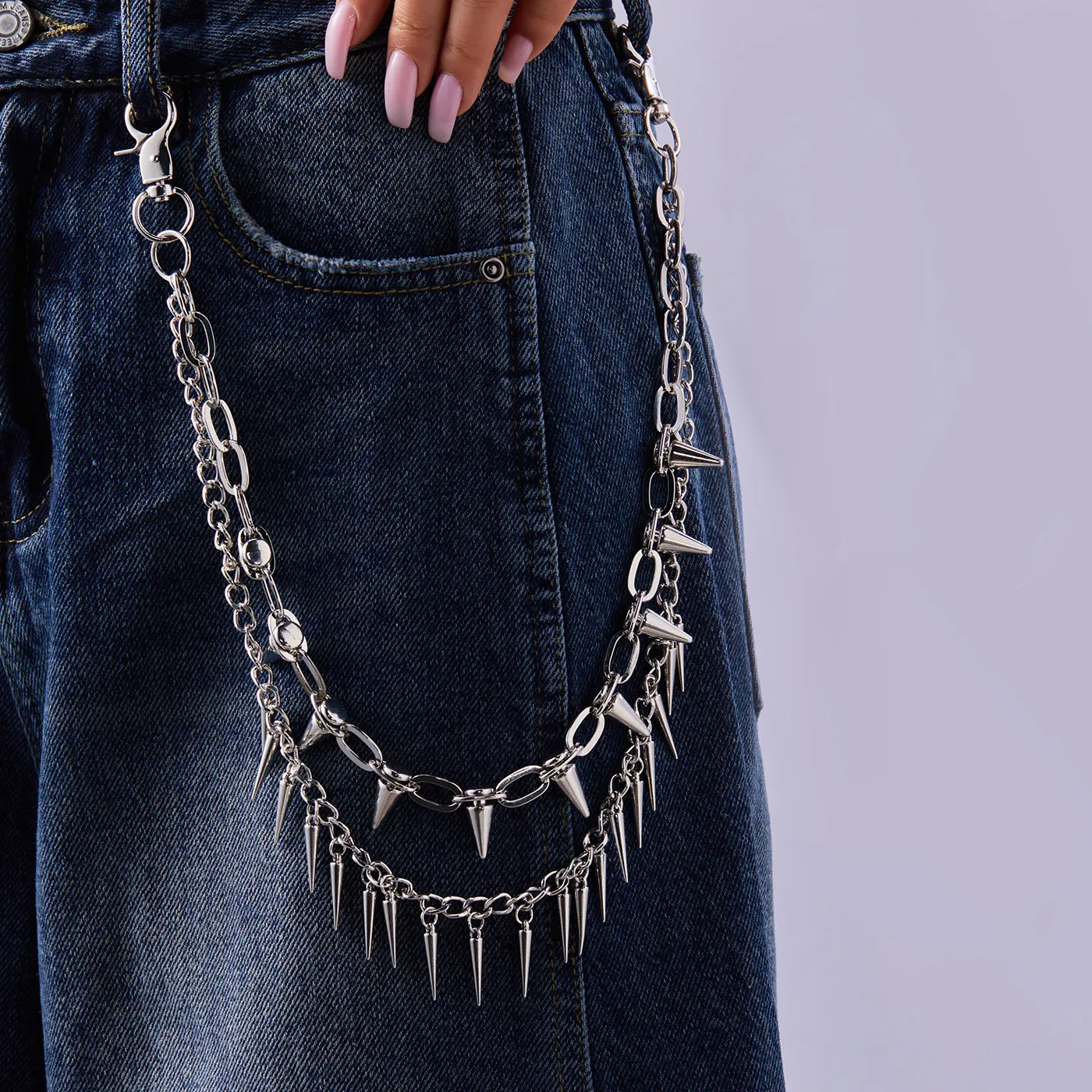 Authentic versatile double-layer rivet punk style pants chain pendant, trendy men's and women's jeans wear matching accessories