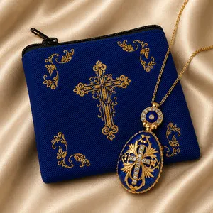 Authentic 26KT Gold Plated Enameled .925 Sterling Silver Cross and Dove Pendant and Pouch