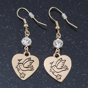 Authentic Gold Plated Heart With Dove, Crystal Drop Earrings - 50mm Length