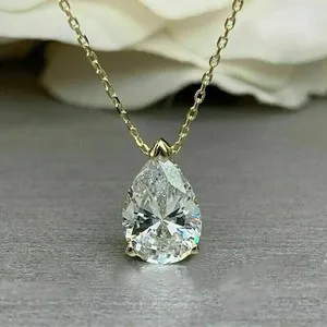 Authentic 2Ct Pear Cut Lab-Created Diamond Solitaire Pendant Chain 14K Yellow Gold Plated