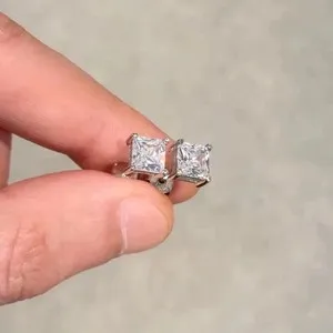 Authentic 1Ct Princess Cut Lab Created Diamond Women's Stud Earrings 14K White Gold Plated