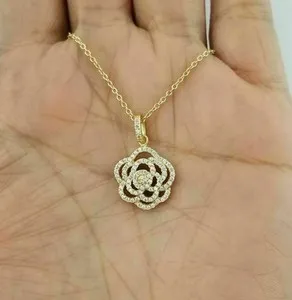Authentic 1.90Ct Round Cut Lab Created Diamond Flower Pendant 14K Yellow Gold Plated