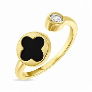 Authentic 925 Sterling Silver Black Onyx Moissanite Clover Open Ring Adjustable Statement