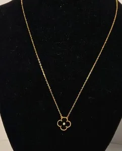 Authentic Gold Plated Cable Chain Necklace Black Clover Flower Charm White Crystal