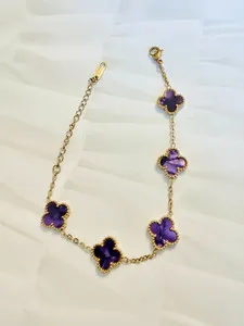 Authentic Shimmer Purple Clover 5-Motif Gold-Plated Bracelet