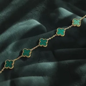 Authentic Gold-Plated Green Malachite look Clover Motif Bracelet