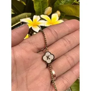 Authentic Gold Plated Initial K Clover Bolo Bracelet Mother of Pearl