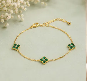 Authentic 3.00Ct Round Cut Simulated Emerald Women Clover Bracelet 14K Yellow Gold Plated