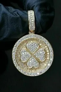 Authentic 2Ct Round Cut Lab-Created Men's 4 Leaflet Clover Pendant 14k Yellow Gold Plated