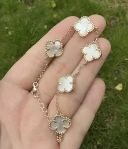 Authentic 925 Sterling Silver Gold-Plated Clover Bracelet Mother Of Pearl Shells