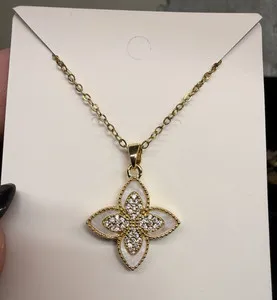 Authentic Gold Plated Pavé Clear Crystal Clover Pendant Cable Chain