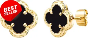 Authentic Black Onyx Clover Stud Earrings 14K Gold Plated Lucky