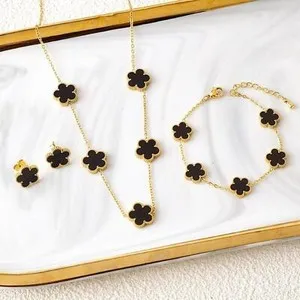 Authentic 3Pcs 18K Gold-Plated Clover Jewelry Set: Necklace, Bracelet & Earrings