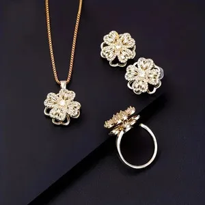 Authentic 18K Gold Plated Women's Spinning Clover Pendant Necklace Earrings Ring