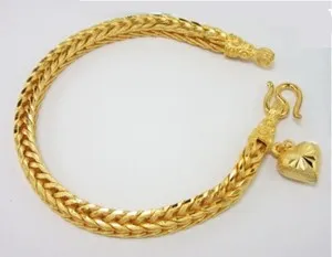 Authentic Braided Heart Charm 23K 24K Thai Baht Yellow Gold Plated Bracelet Jewelry 7"