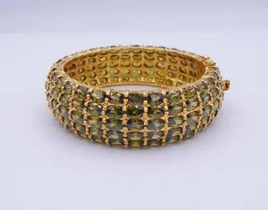 Authentic Green Sapphire Bracelet Thai Baht 23K Yellow Gold Plated Women Jewelry