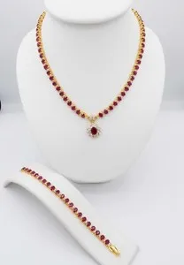 Authentic Set Ruby Thai Baht Yellow Gold Plated Women Necklace Pendant Bracelet Jewelry