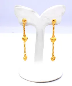 Authentic Heart Earrings Dangle 22K 23K 24K Thai Baht Yellow Gold Plated Jewelry For Her