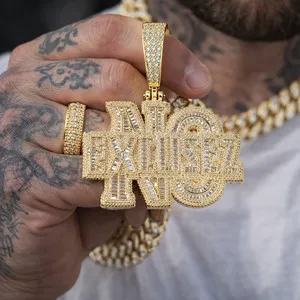 Authentic 5AAA+ CZ Hip Hop Iced Out NO EXCUSEZ Bling Pendant Chain 14k Real Gold Plated