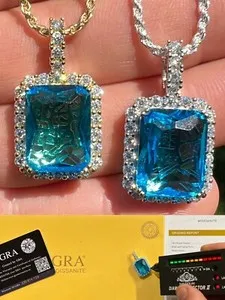 Authentic Hip Hop Iced Moissanite & Blue Stone Bling Pendant 925 Silver / 14k Gold Plated